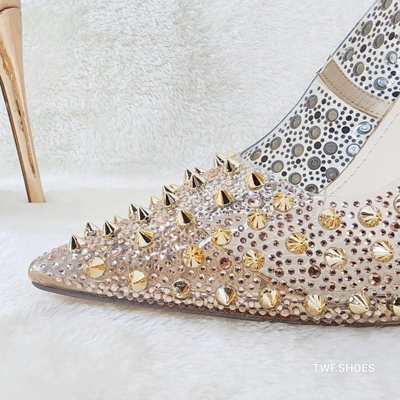 Spicy Stiletto PVC Clear Pumps Rose Gold Studs & Rhinestone Pumps High Heels - Picture 15 of 16